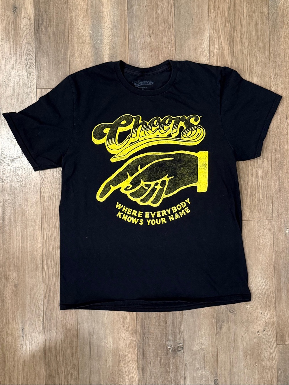 Black "Cheers" Graphic T-Shirt with Yellow Print